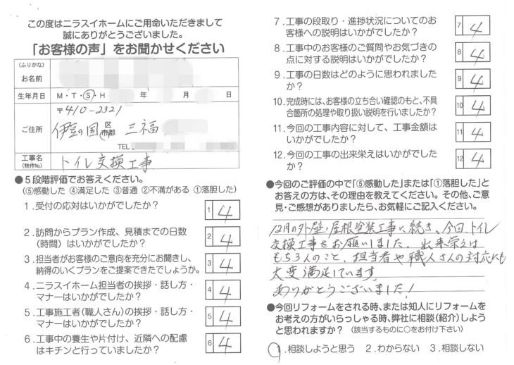   静岡県伊豆の国市三福　W様の声