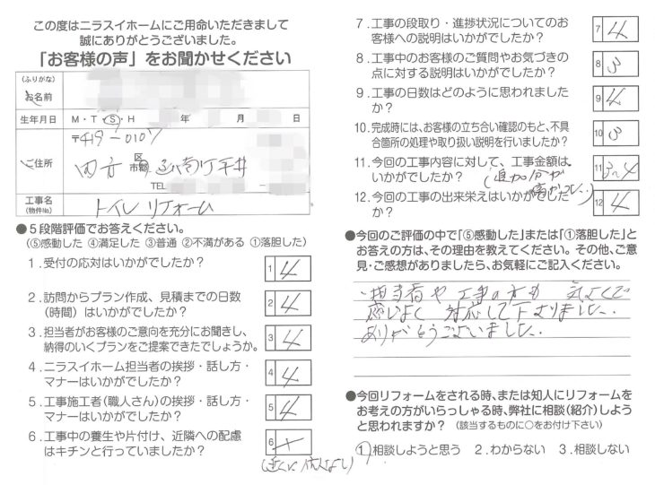   静岡県田方郡函南町平井　M様の声